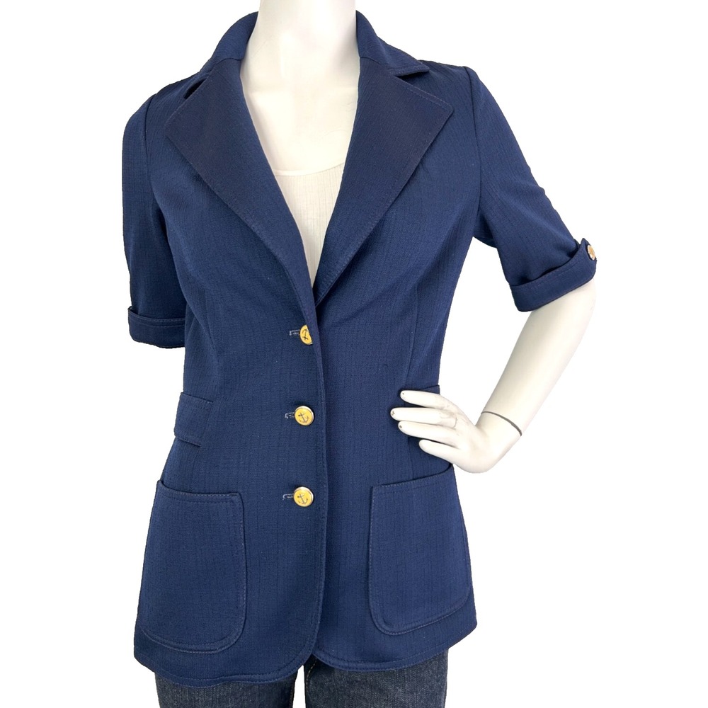 Vtg Butte Knit Navy Blazer Jacket Short Sleeve Gold Anchor Button Nautical S EUC